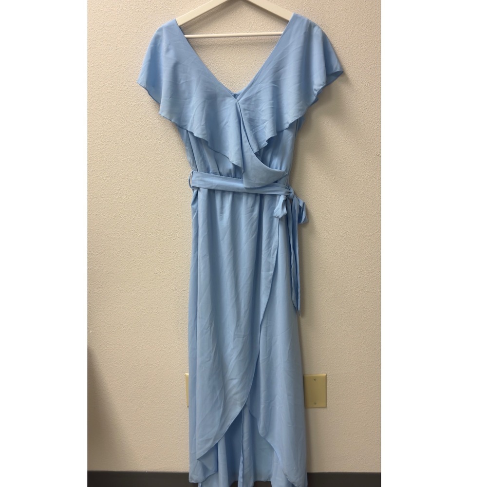 Maxi Wrap Dress M Light Blue Ruffle High Low Wedding Guest Romantic Cocktail
